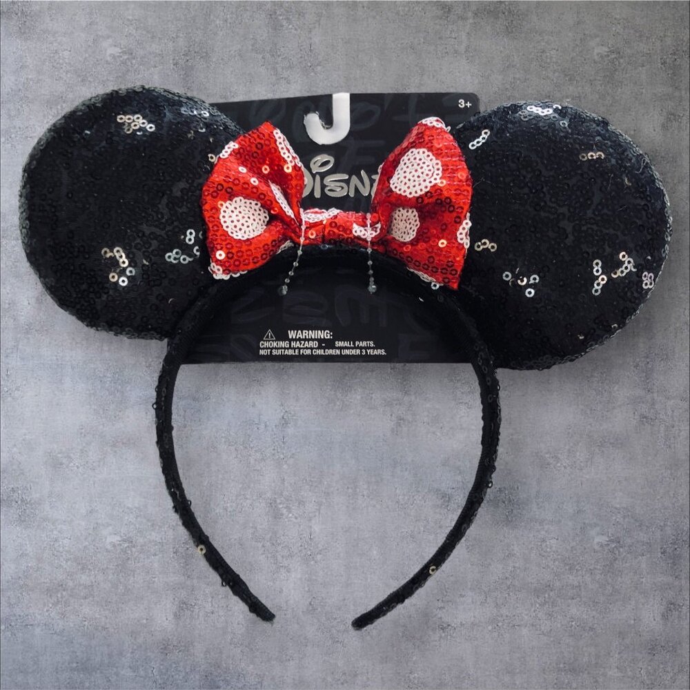 Disney Minnie Mouse Sequin Ears Headband Black w/ Red Bow Aldi Exclusive